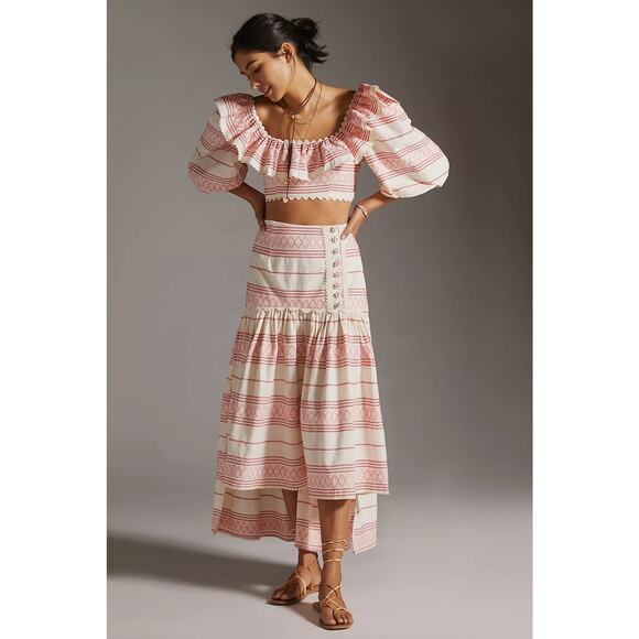 Raissa | Anthropologie NWT Ruffled Embroidered Cropped Blouse Beige Pink Red - Picture 4 of 14